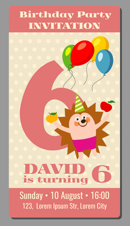 Happy birthday lovely vector card with funny hedgehog 6 years old. Invitation card to holiday party illustrationのイラスト素材