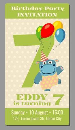 Birthday anniversary party invitation pass ticket with cute hippo vector template 7 years old. Card with happy animal and air balloons illustrationのイラスト素材