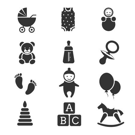 Baby kids vector icons set. Bottle for milk, diaper and teddy bear illustrationのイラスト素材