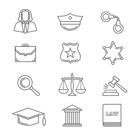 Criminal police law and justice vector thin line icons. Handcuff and scale in linear style, court and gavel illustrationのイラスト素材