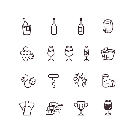 Wine sommelier winery thin line vector icons. Linear glass goblet and bottle illustrationのイラスト素材
