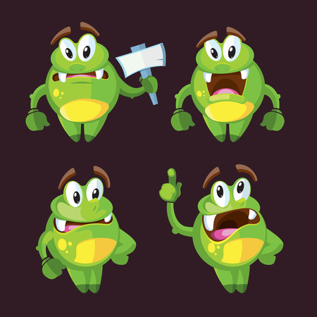 Cute cartoon monster character in different poses vector illustration. Funny creature in green colorのイラスト素材