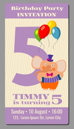 Happy birthday lovely vector card with funny elephant 5 years old. Festive rectangular card with cartoon animal illustrationのイラスト素材