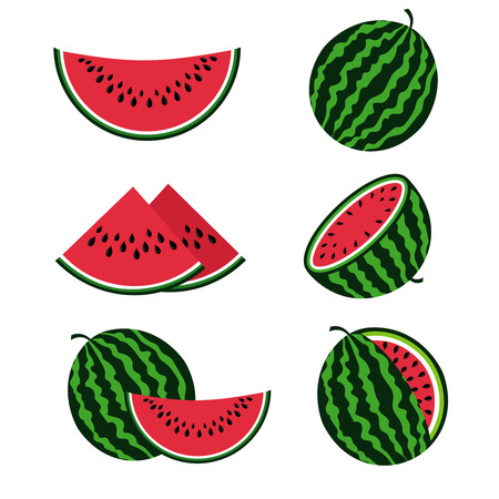 Watermelons and watermelon slices flat cartoon vector set. fFesh and sweet fruit organic illustrationのイラスト素材