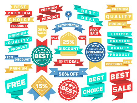 Vintage label banner tag sticker badge vector. Set of ribbon with text for consumerism illustrationのイラスト素材
