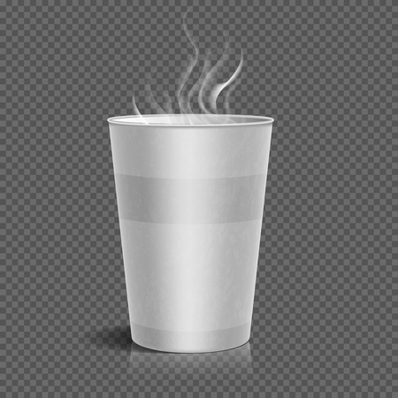 Disposable takeaway paper coffee cup with steam isolated on checkered background. Vector illustrationのイラスト素材