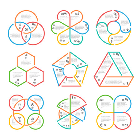 Color thick line circle, triangular, hexagonal, pentagonal infographics business outline charts diagrams graphs templates. Set of colored banner with information. Vector illustrationのイラスト素材