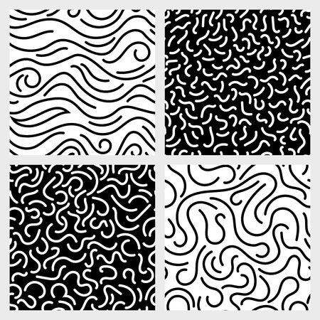 Hand drawn marker, ink, line, stroke, squiggle vector seamless patterns. Abstract monochrome background with curve line illustrationのイラスト素材