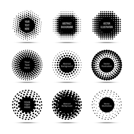 Halftone round design vector elements. Circle pop art banners set. Monochrome element with black dots illustrationのイラスト素材