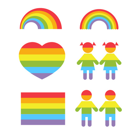 Gay pride rainbow heart and gay colors shapes vector set. Lesbian and homosexual, freedom and tolerance illustrationのイラスト素材