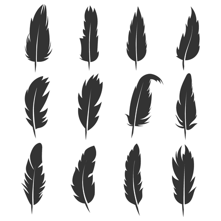 Feather, antique pen black vector icons isolated on white background. Plume for write and education illustrationのイラスト素材