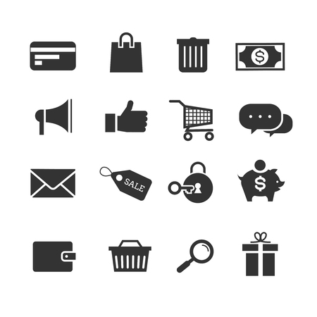 E-commerce shopping vector icons set. Money and sale tag, basket for purchase illustrationのイラスト素材