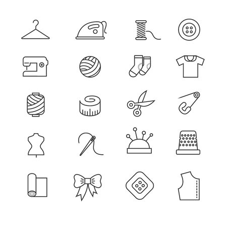 Thin lines fabric, sewing, tailor, knitting vector icons. Set of accessories for handmade hobby illustrationのイラスト素材