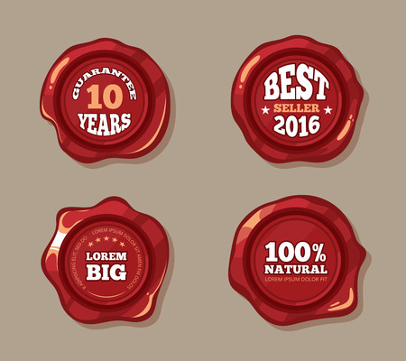 Premium labels on wax seal stamps vector illustration. Vintage badge in red colorのイラスト素材
