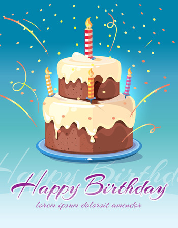 Happy birthday background with tasty cake and candles vector illustration. Card for invitation and congratulationのイラスト素材