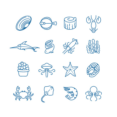 Seafood, fish thin line vector icons. Marine fauna and flora illustrationのイラスト素材