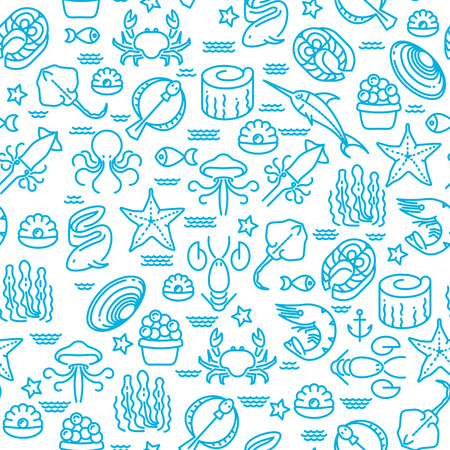 Outline seafood, sushi seamless vector pattern. Marine background with fish and seaweed illustrationのイラスト素材