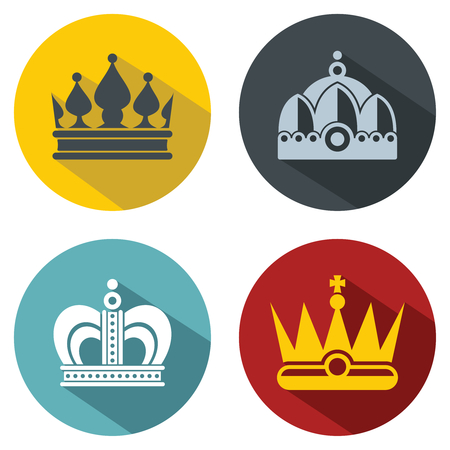 Flat crown icons with long shadow on color background. Set of royal crowns. Vector illustrationのイラスト素材