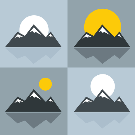 Mountain icons with sun and reflection. Mountain with snowy peak. Vector illustrationのイラスト素材