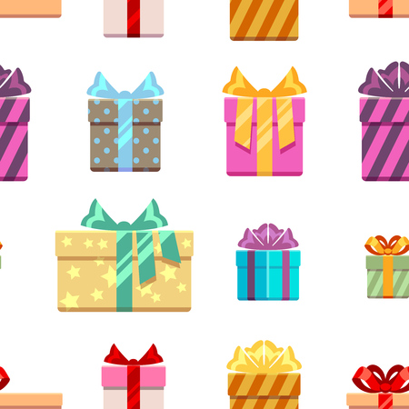 Gift boxes with ribbon bows seamless pattern. Birthday background, with gift. Vector illustrationのイラスト素材