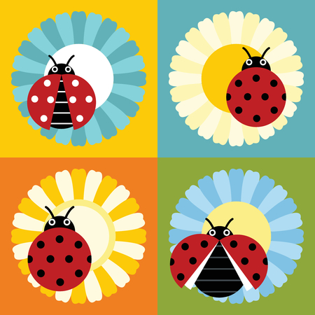 Ladybugs in flower in flat style isolated on color background. Vector illustrationのイラスト素材