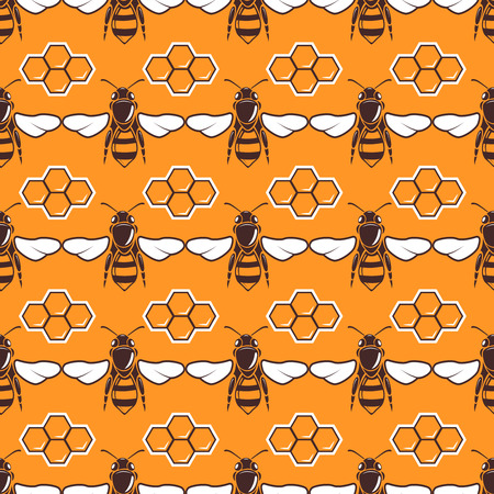 Bees, honey vector seamless pattern in brown and orange color, honeycomb illustrationのイラスト素材