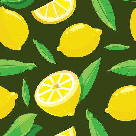 Vector seamless pattern with lemon slices. Organic fruit with green leaf illustrationのイラスト素材