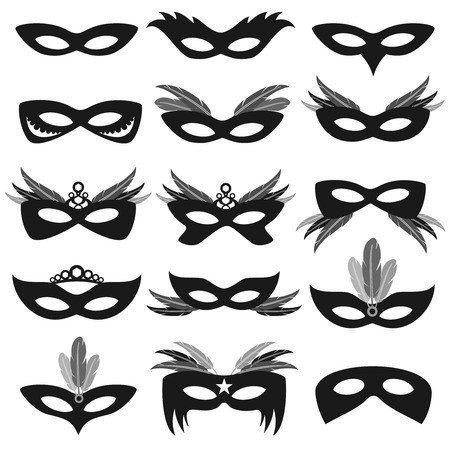Black carnival party face masks isolated on white vector. Set of mask for theater and carnival illustrationのイラスト素材