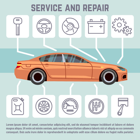 Car and car parts, service and repair line icons vector infographic template. Banner with automobile speedometer transmission, brakes and battery illustrationのイラスト素材