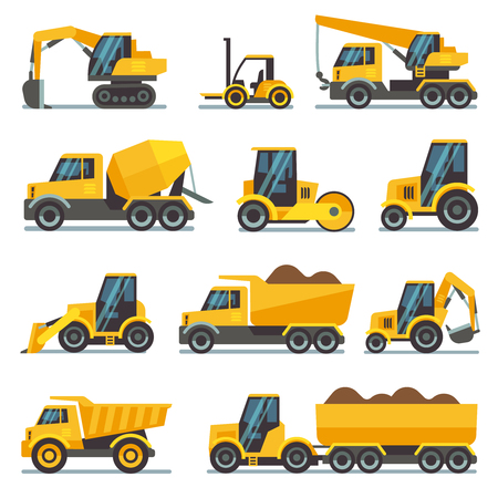 Industrial construction equipment and machinery flat vector icons excavator and tractor, bulldozer and industrial loader illustrationのイラスト素材