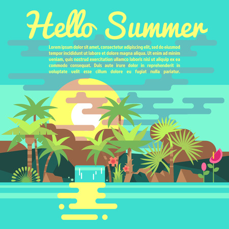 Tropics summer vacation vector background in trendy flat style. Banner for advertising of travel agency illustrationのイラスト素材