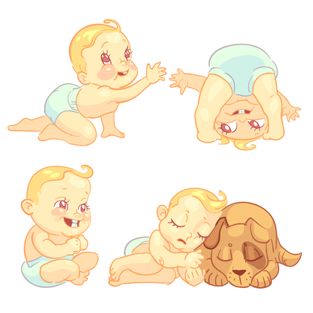 Cute baby in diaper vector character set. Happy toddler playing, crawl and sleep with dog illustrationのイラスト素材
