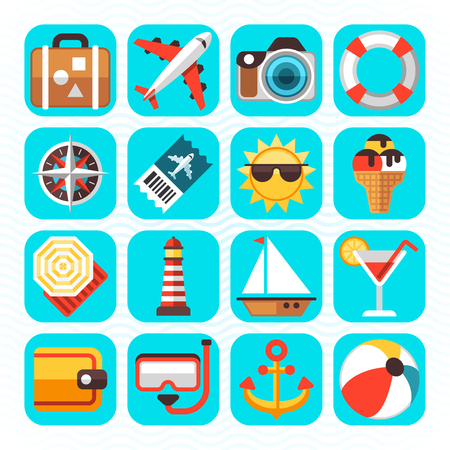 Summer beach travel vacation and tourism, summer time flat icons set. Vector illustrationのイラスト素材