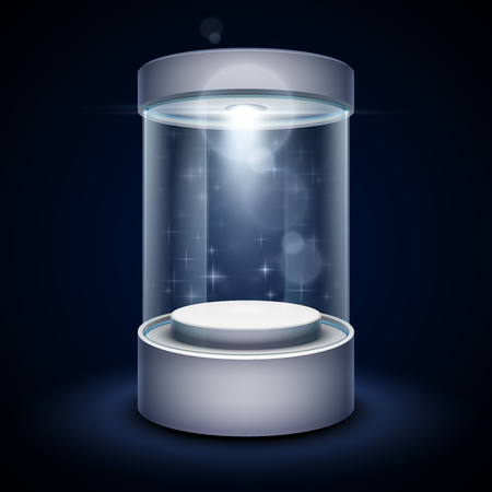 Transparent glass showcase podium with spotlight and sparks. Mock up capsule box for exhibition. Vector illustrationのイラスト素材