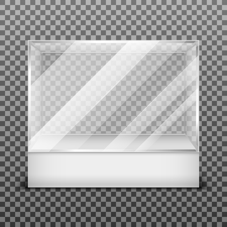 Transparent display glass box isolated on checkered background. Empty container for exhibition in gallery, vector illustrationのイラスト素材