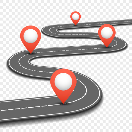 Car road, street, highway business roadmap infographics design. Way and direction plan with red pins sign. Vector illustrationのイラスト素材