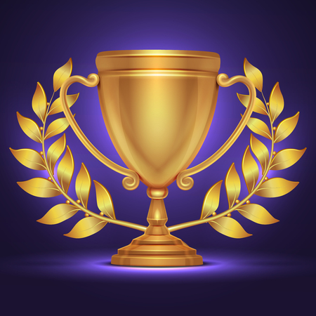 Gold trophy cup award for sport winner with laurel wreath. Golden goblet prize, triumph and glory, vector illustrationのイラスト素材