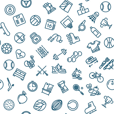 Healthy lifestyle sports vector seamless background. Pattern with ball bicycle and apple fruit in linear style illustrationのイラスト素材