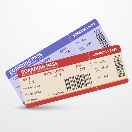 Airline boarding pass tickets to plane for travel journey pr holiday. Vector illustrationのイラスト素材