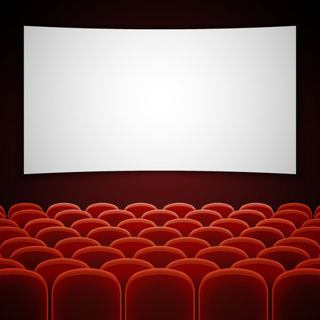 Cinema movie hall with white blank screen. Empty interior for presentation new film. Vector illustrationのイラスト素材