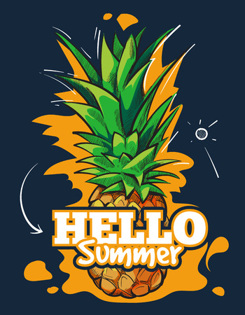 Hello summer vector fruit background with tropical pineapple. Poster with fresh food illustrationのイラスト素材