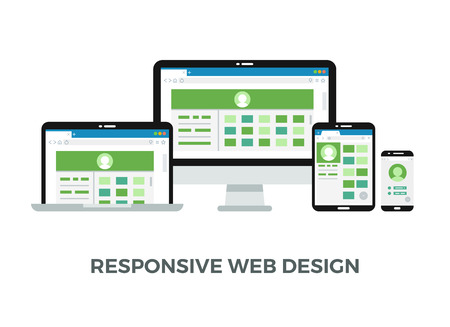 Responsive web design vector concept. website page on screens of desktop computer mobile laptop tablet pc computer and smartphone illustrationのイラスト素材