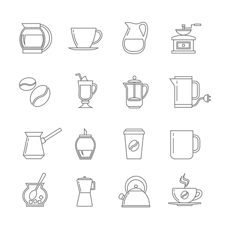 Coffee thin line vector icons set. Tasty latte with sugar, hot beverage in linear style illustrationのイラスト素材