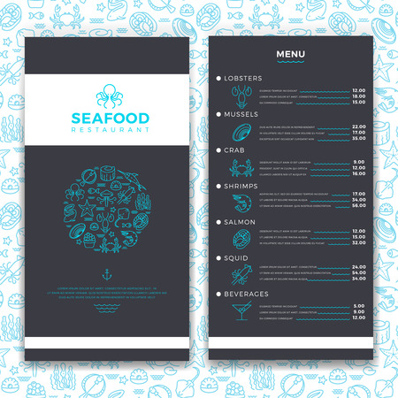 Modern seafood restaurant, cafe brochure menu vector template with line sea food icons. Mussel and crab, salmon and squid illustrationのイラスト素材