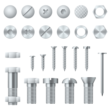 Screws, bolts, nuts, nails and rivets for fastening and fixing. Vector illustration design elements