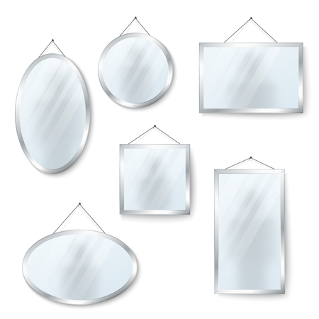 Vector hanging mirrors square round and oval isolated on white background illustrationのイラスト素材