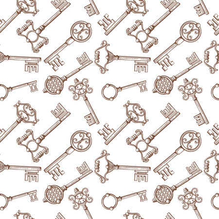 Vintage lock and key for door vector seamless pattern background. Antique and filigree metal keys illustrationのイラスト素材