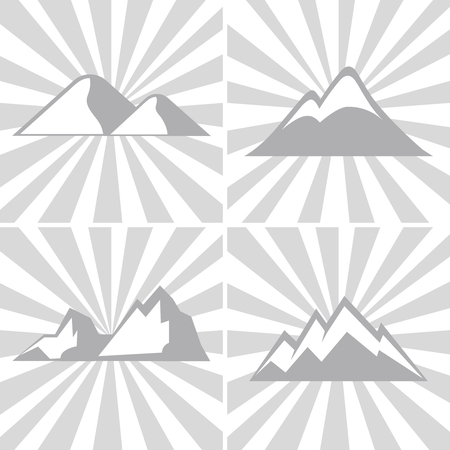 Mountain gray icons on striped background. Mountaineering and climbing emblems. Vector illustrationのイラスト素材