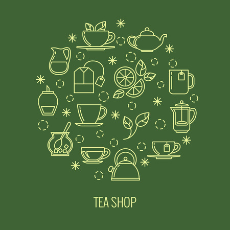 Green tea outline icons in circle design. trendy thin line logo for tea shop. Brew herbal tea, vector illustrationのイラスト素材