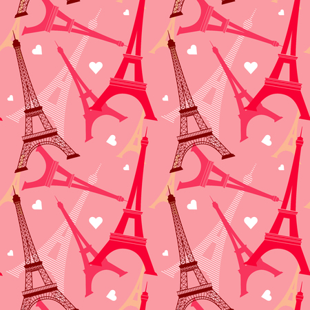Seamless vector pattern with eiffel tower. Romantic background with white hearts illustationのイラスト素材